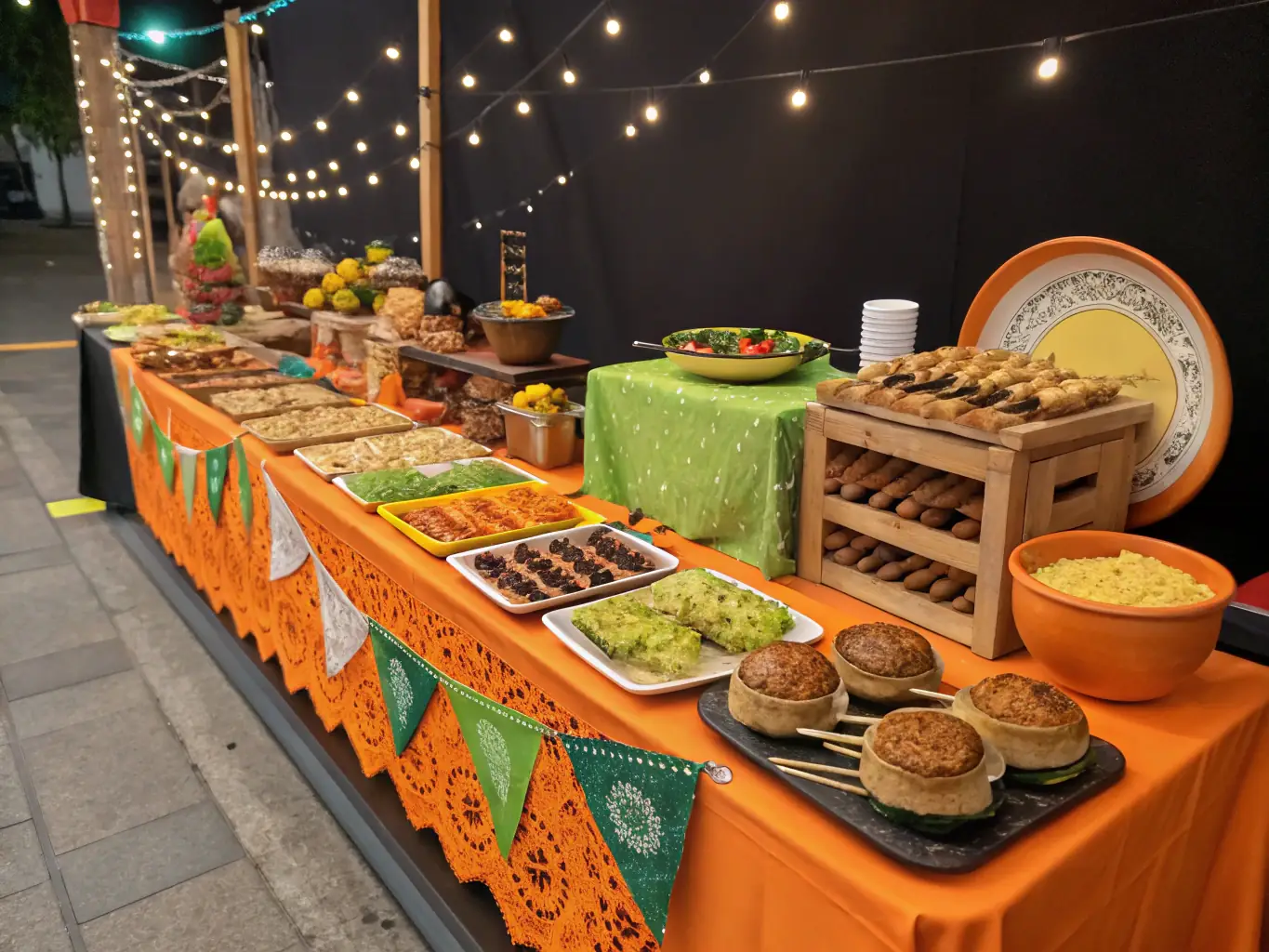 An image showcasing a beautifully decorated venue for a themed cultural night in Boqueho, featuring traditional crafts, art displays, and local culinary delights.