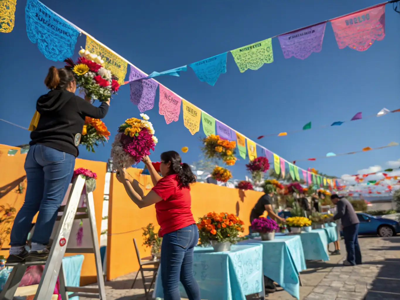 A vibrant image showcasing volunteers setting up for a local festival, with colorful decorations and smiling faces, capturing the essence of community involvement and festive spirit.