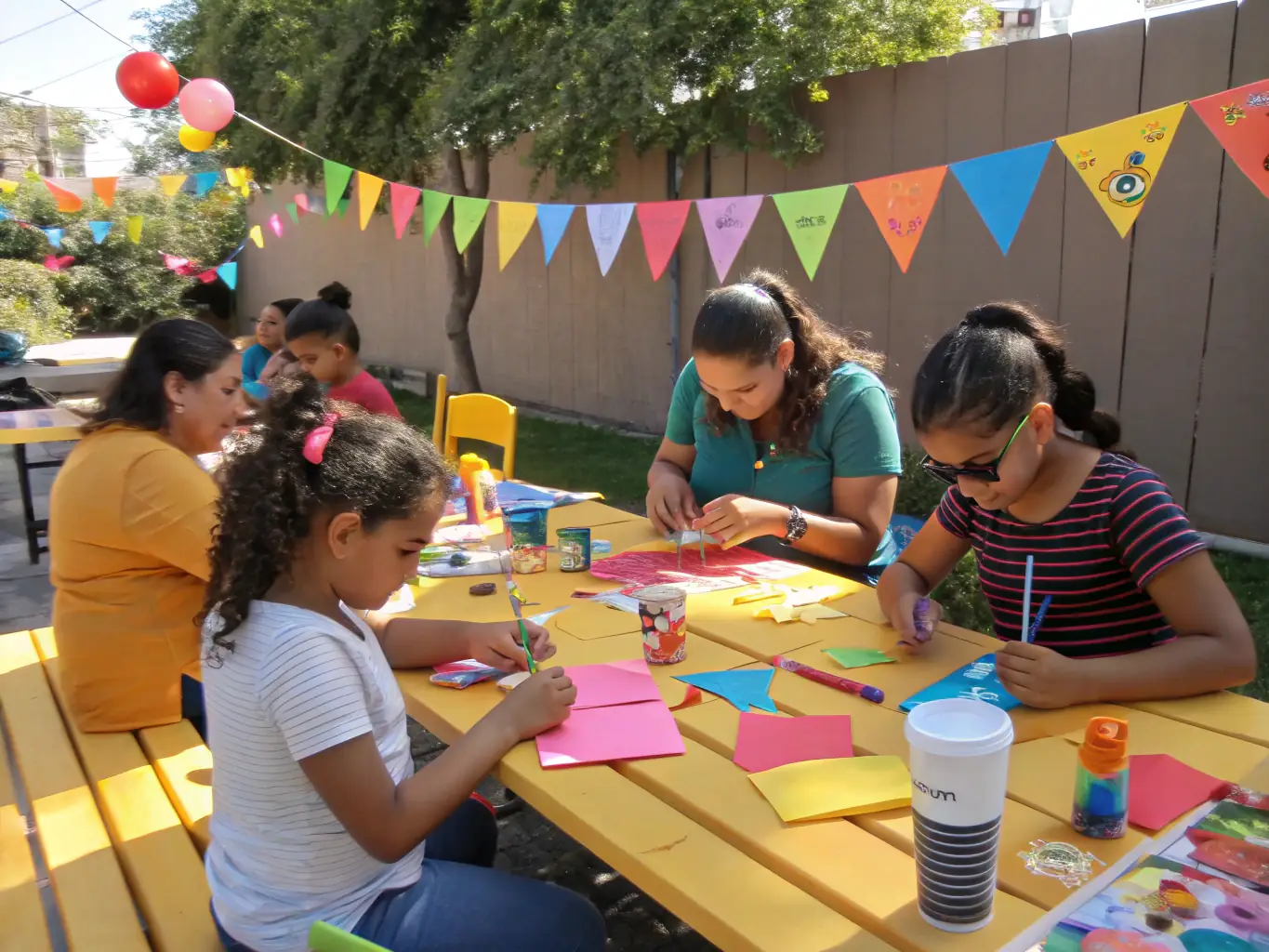 A photograph of children participating in an arts and crafts workshop during a community event, highlighting the intergenerational aspect and educational value of the activities.