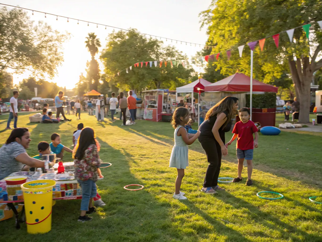 A photograph of a lively community gathering at a local park in Boqueho, featuring families enjoying games, food stalls, and live music during a summer event.